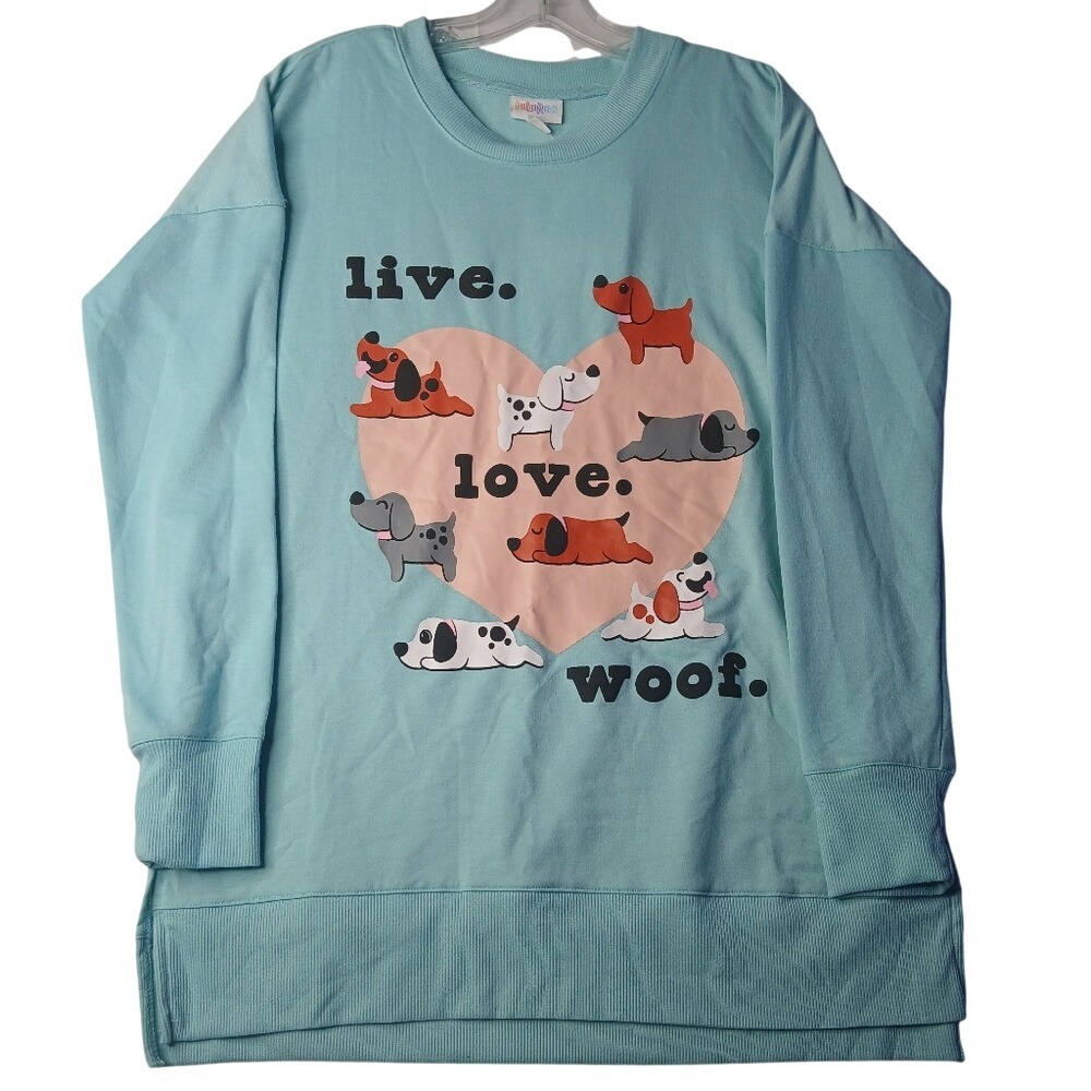 LuLaRoeโ Graphic Sweatshirt Women XS Aqua Live Love Woof Dog Heart High Low Hem